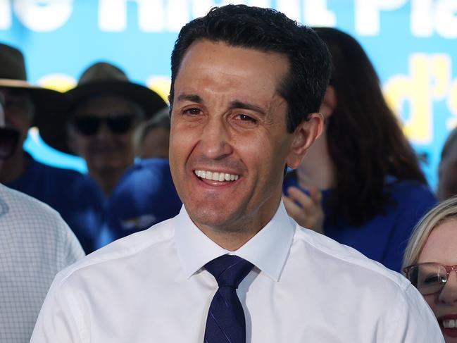 Leader of the Opposition David Crisafulli with Kendall Morton LNP candidate for Caloundra, and Andrew Powell MP, Golden Beach. Picture: Liam Kidston