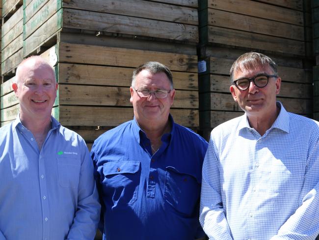 General manager Boyer Mill Norske Skog Patrick Dooley, 4th generation apple farmer Nic Hansen and  chair of Tasmanian Chamber of Commerce and Industry Wayne Davy. Picture: Elise Kaine