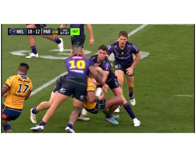 Nelson Asofa-Solomona escaped being sin-binned for this high shot on Parramatta's Makahesi Makatoa earlier this season.