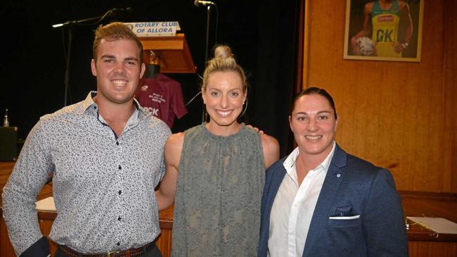 CHAMPIONS: Matthew Denny, Laura Geitz and Stephanie Hancock at a tribute night in their honour last month at Allora. All three are in the top-30 in Warwick and District sport. Picture: Gerard Walsh