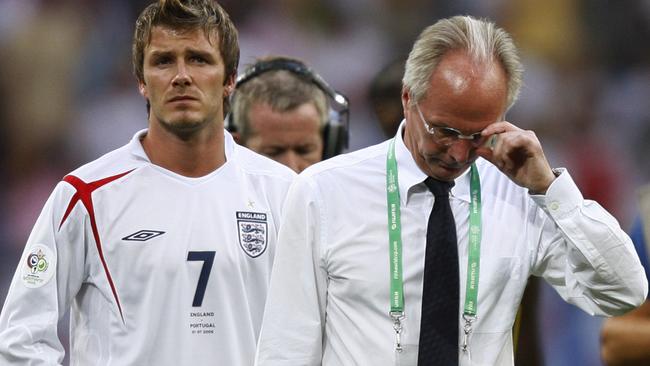 Sven-Goran Eriksson with midfielder David Beckham after England’s loss to Portugal in the 2006 World Cup quarter-final. Picture: AFP