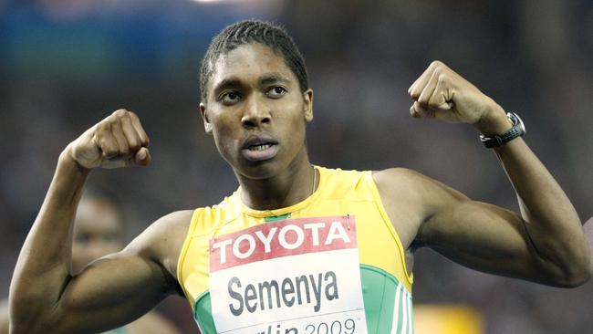 FILE - In this Wednesday, Aug. 19, 2009 file photo South Africa's Caster Semenya celebrates after winning the gold medal in the final of the Women's 800m during the World Athletics Championships in Berlin. Caster Semenya will find out Wednesday, May 1, 2019 if she has won her appeal against IAAF rules to curb female runners' high natural levels of testosterone. (AP Photo/Anja Niedringhaus, File)