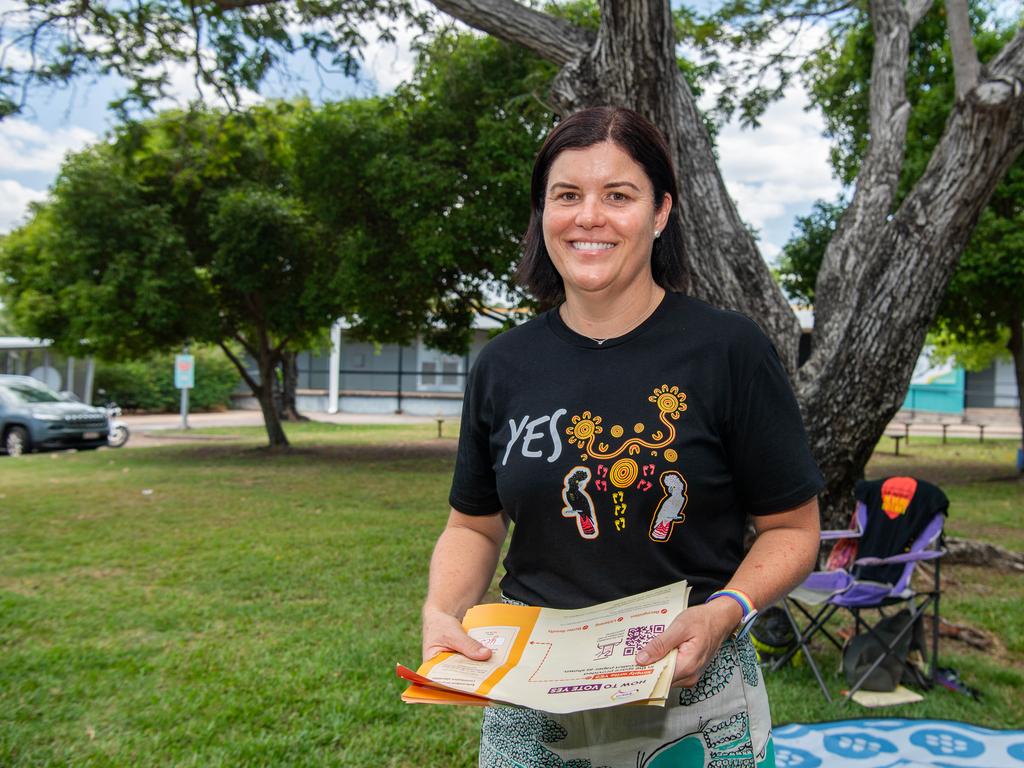 Chief Minister Natasha Fyles campaigning for a Yes vote at the Nightcliff Middle School polling station. Picture: Pema Tamang Pakhrin