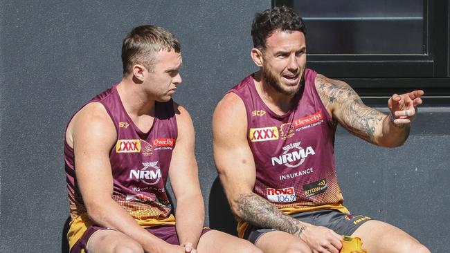 Brisbane Broncos player Jake Turpin and Darius Boyd are seen during a team training session in Brisbane, Monday, August 12, 2019. (AAP Image/Glenn Hunt) NO ARCHIVING