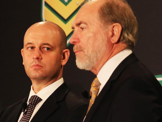 Dave Smith, CEO of the NRL, with Todd Greenberg, Head of Football, and John Grant, Chairman of the ARL Commission   during the NRL Business review 2014 at the Westin Hotel, Sydney. pic Mark Evans