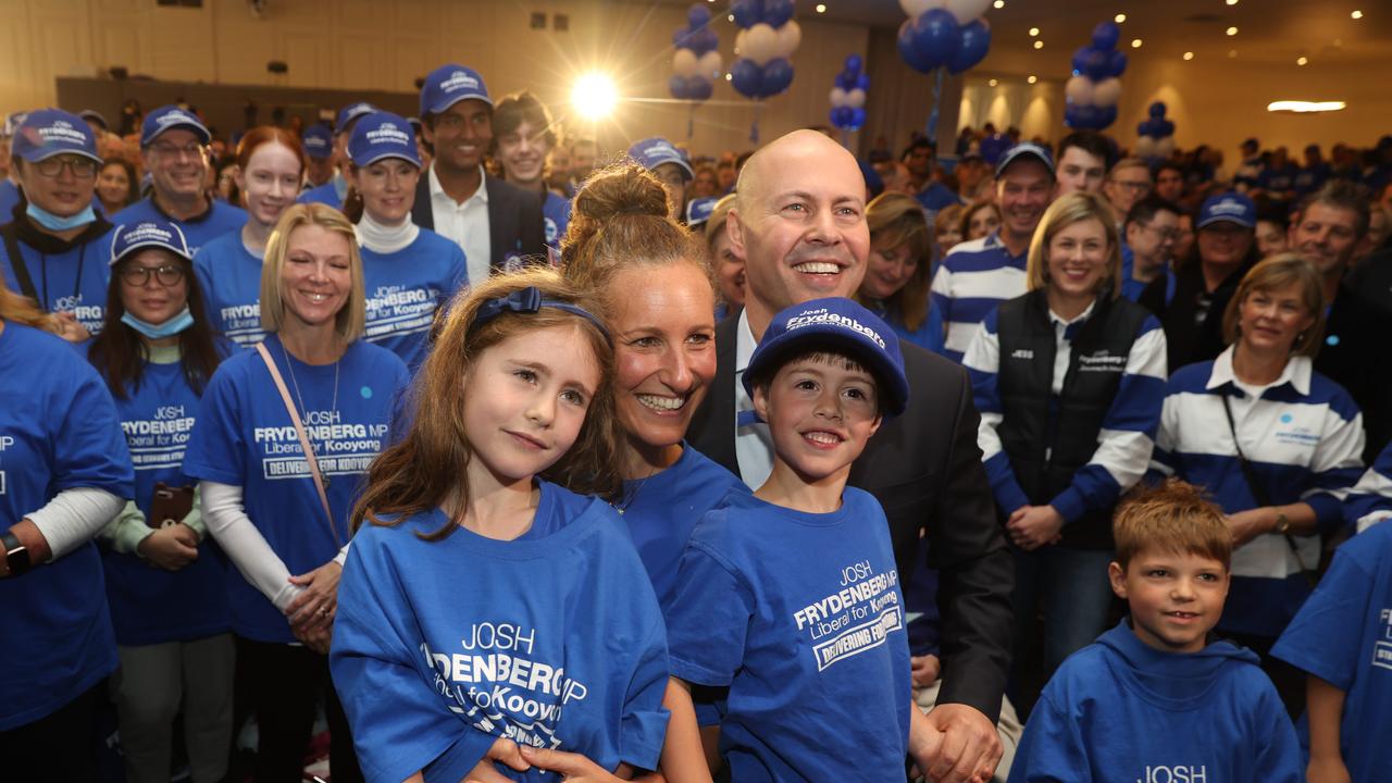 Federal Treasurer Josh Frydenberg with his family at his campaign launch in Hawthorn. Picture: NCA NewsWire /Brendan Beckett