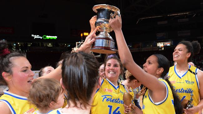 Forestville players celebrate after winning the 2019 women’s Premier League basketball grand final. Picture: AAP/Brenton Edwards