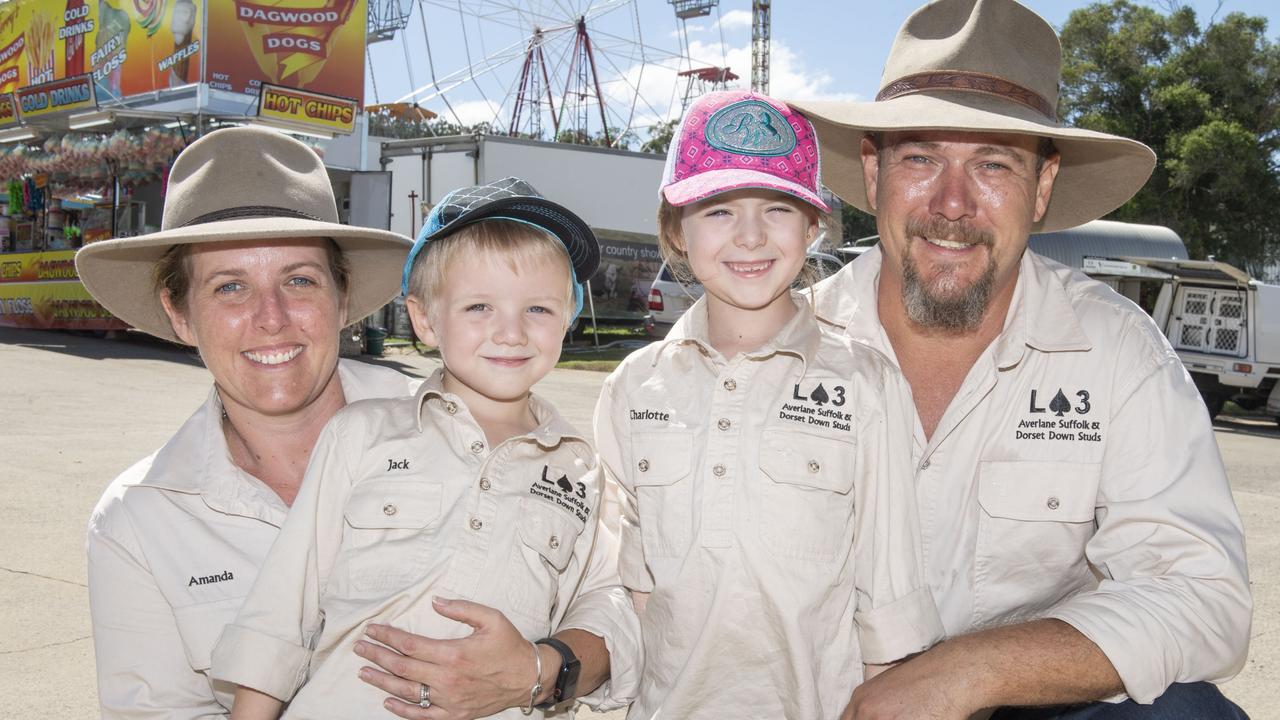 (from left) Amanda, Jack, Charlotte and Andrew Vernon from Averlane Suffolk and Dorset Downs Stud. Toowoomba Royal Show. Picture: Nev Madsen