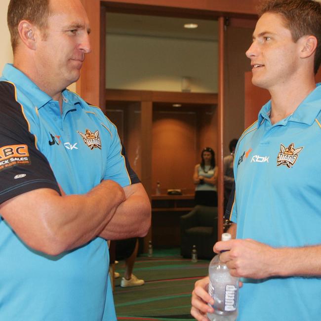 SPORT 6/11/2006 Gold Coast Titans Rugby League team players on show for the media at Royal Pines Resort. John Cartwright and David Myles.