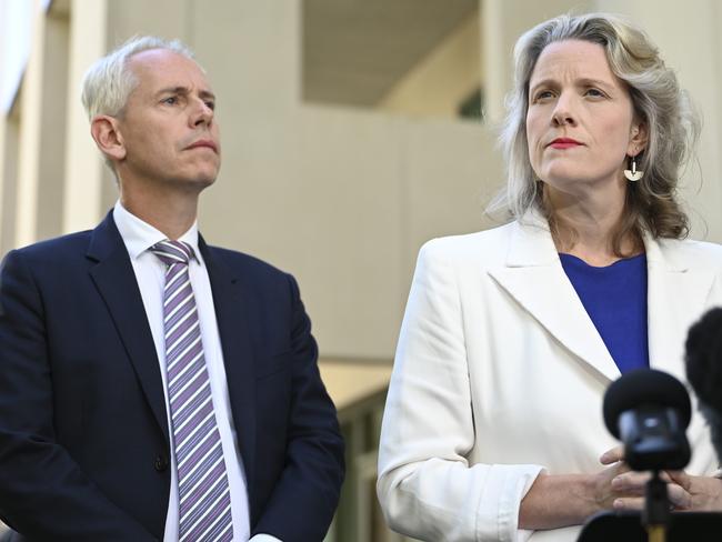 CANBERRA, AUSTRALIA, NewsWire Photos. MARCH 27, 2024: Minister For Home Affairs, Clare O'neil and Minister For Immigration, Citizenship And Multicultural Affairs, Andrew Giles hold a press conference at Parliament House in Canberra. Picture: NCA NewsWire / Martin Ollman