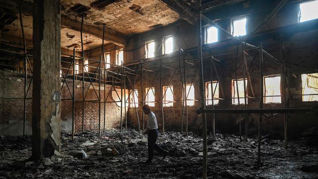 The charred remains of state broadcaster Bangladesh Television. Picture: Munir Uz Zaman / AFP