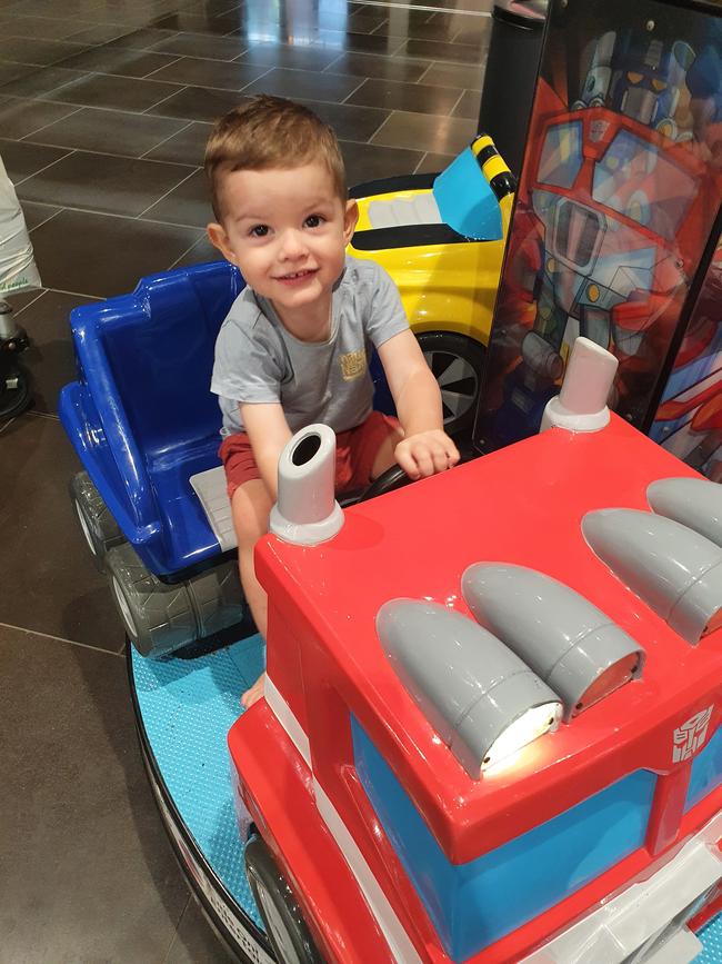 Josiah Hobson checks out the new mini ride outside Gateway Woolworths. Picture: Jacinta Hobson