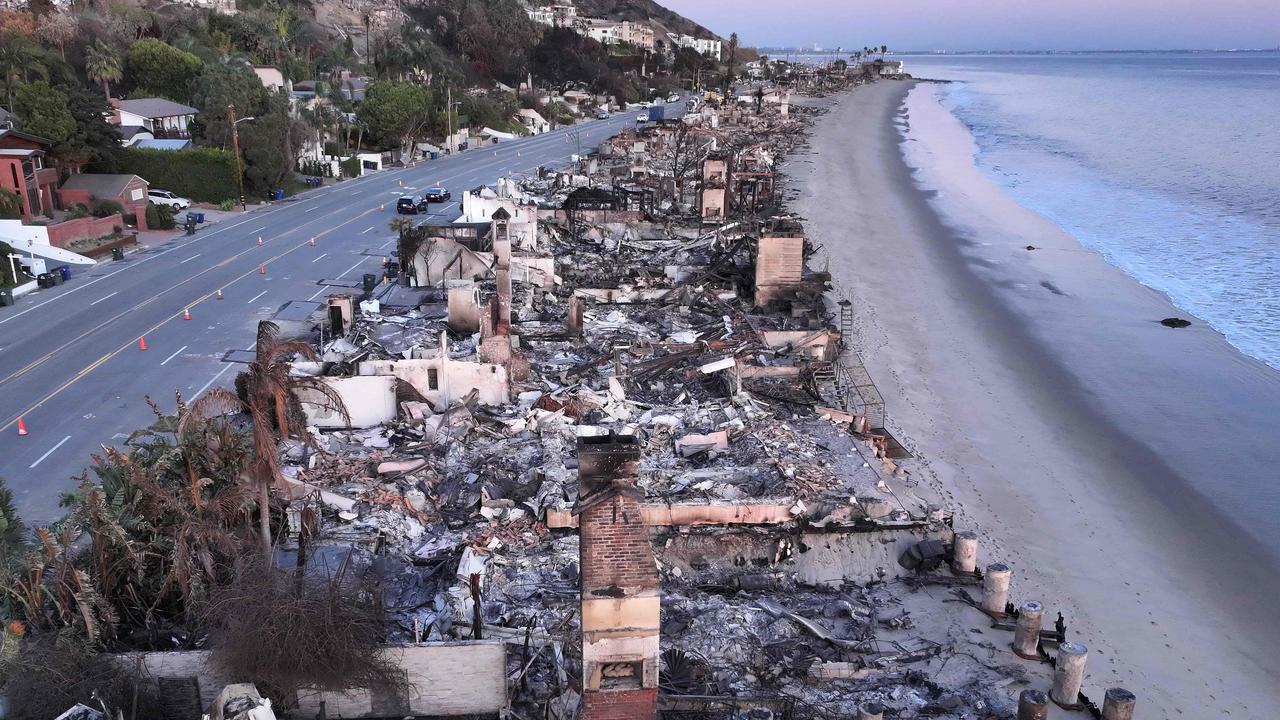 An aerial view of beachfront homes burned in the Palisades Fire as wildfires. Picture: Mario Tama/Getty/AFP