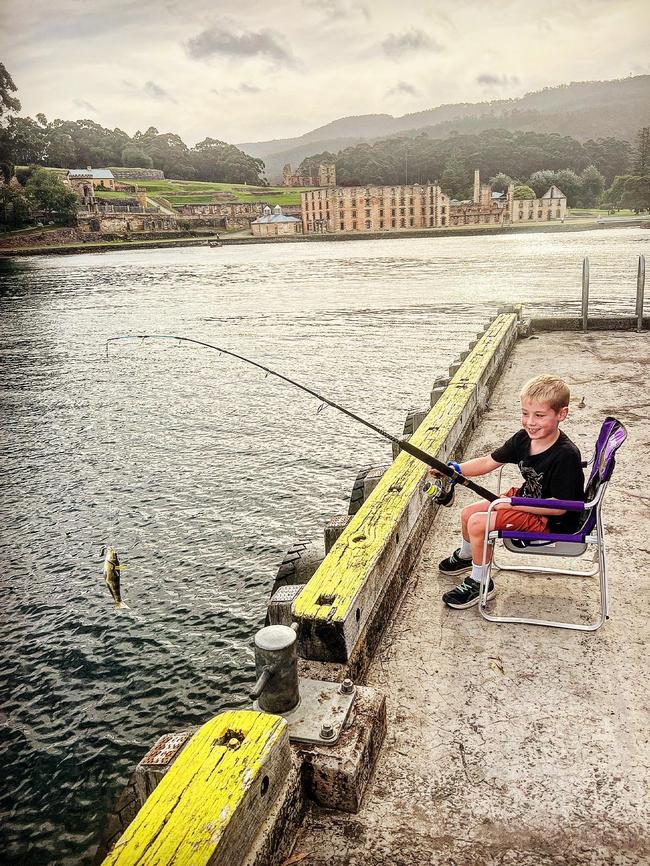 Patrick Murrell, 6, fishing at Port Arthur. Picture: Natalie Murrell @gone_caravanning_tas