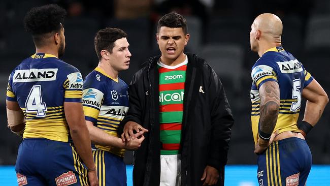 Eels players commiserate with Latrell Mitchell after Thursday’s game at Bankwest Stadium