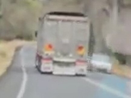 A truck weaving along the highway through Sandy Creek towards Williamstown. Pics from video. Picture: Supplied Michelle van der Walle-Oates