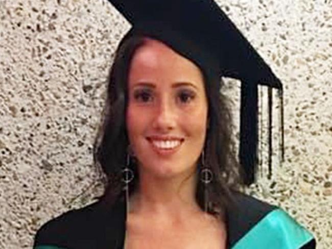 Chelsea Jane Edwards, 29, leaving Brisbane Magistrates Court (left) and at her graduation.