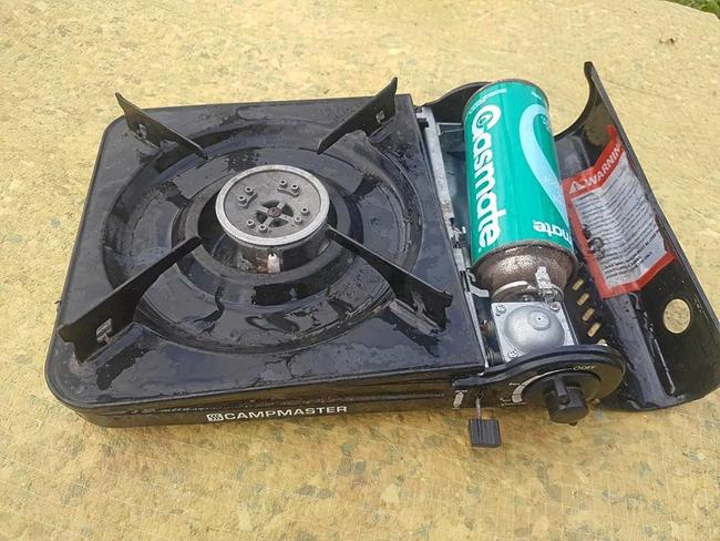 The portable gas stove and gas cylinder that reportedly exploded on Monday, injuring a man.  Photo courtesy of Cobb & Co Nine Mile Camping Grounds Facebook page. Picture: Contributed