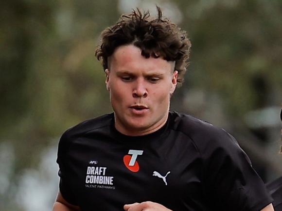 MELBOURNE, AUSTRALIA - OCTOBER 04: Harvey Langford (Victoria Country - Dandenong Stingrays) in action during the 2km time trial during the Telstra AFL National Draft Combine Day 1 at the AIA Centre on October 04, 2024 in Melbourne, Australia. (Photo by Dylan Burns/AFL Photos via Getty Images)