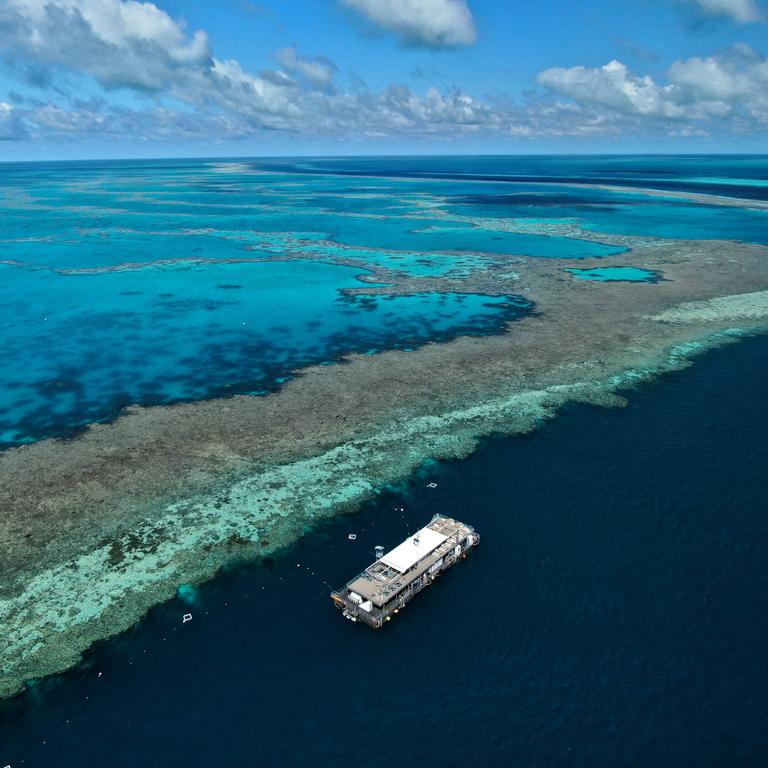 Aerial shot of Cruise Whitsunday pontoon, out at Hardy Reef, Queensland. Picture: Johnny Gaskell