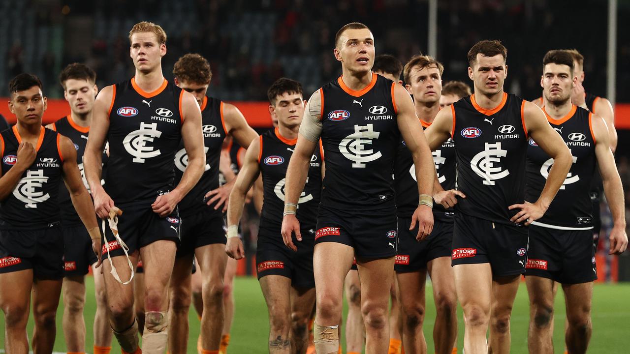 Skipper Patrick Cripps leads his men off the field after coming up short. Picture: Michael Klein