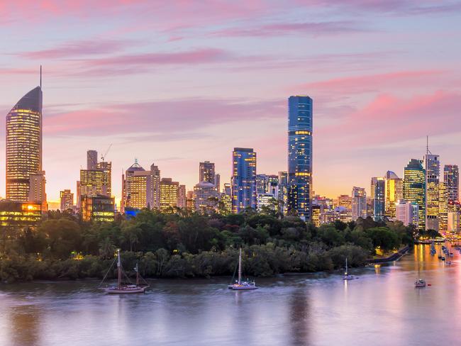 Brisbane city skyline and Brisbane river at twilight in Australia