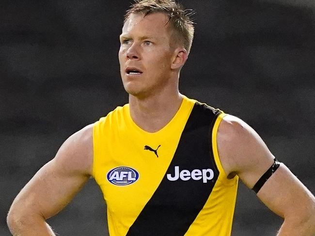 Jack Riewoldt of the Tigers reacts at the full tiem siren and losing the Round 4 AFL match between the St Kilda Saints and the Richmond Tigers at Marvel Stadium in Melbourne, Saturday, June 27, 2020. (AAP Image/Scott Barbour) NO ARCHIVING, EDITORIAL USE ONLY