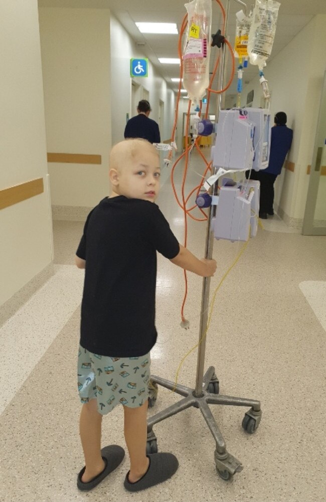 Xander De Neef in hospital at the Royal Children’s Hospital where he is receiving chemotherapy treatment for an aggressive form of leukaemia. Picture: Supplied