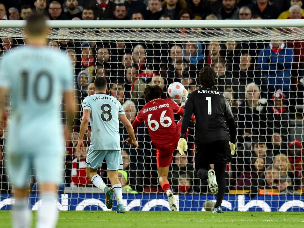Alexander-Arnold’s goal line clearance to deny Fornals as Liverpool beat West Ham at Anfield. Picture: Andrew Powell/Liverpool FC via Getty Images