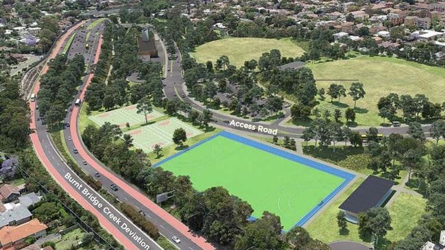 An artist's impression from the Beaches Link Community Update document released on November 26, 2019 showing the proposed Access Road and proposed community open space to be created from the Balgowlah golf course. Picture: Transport for NSW