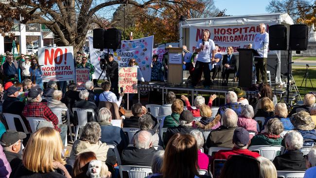 Mansfield GP Will Twycross addressing more than 2000 locals at a rally over the weekend to save the town's hospital from amalgamation. Picture: Sandra Lee