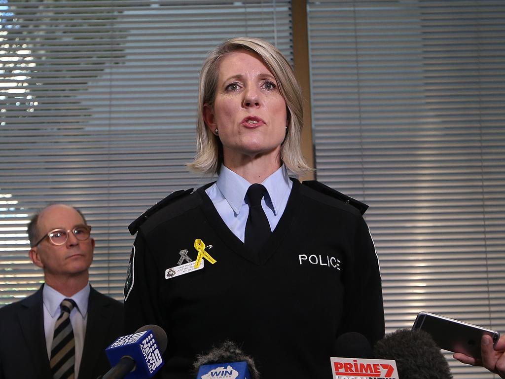 Justine Saudners when she was the Chief Police Officer for the ACT at a press conference in Canberra.