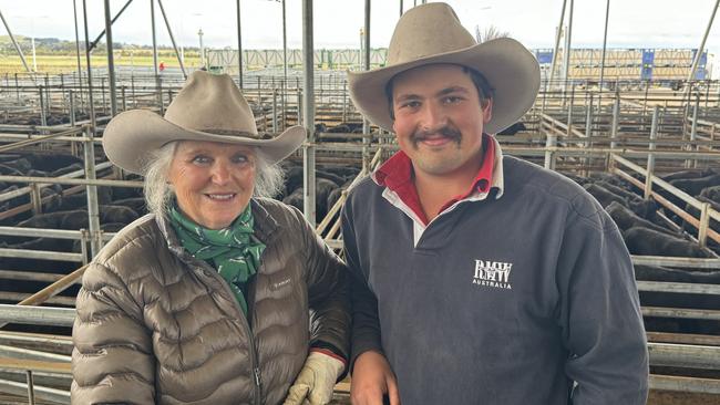 Vendors Cass Kimpton and grandson Angus MacGillivray pictured at Mortlake cattle sale. Picture: Kate Dowler