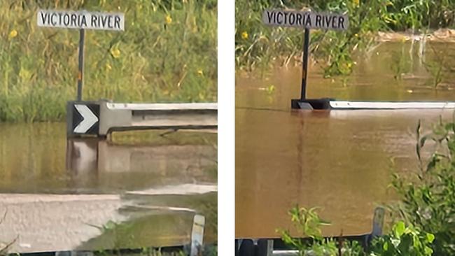 The Victoria River Crossing Bridge is underwater. These photographs were taken 4.5 hours apart on Sunday. Picture: Victoria River Roadhouse