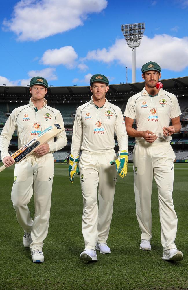 Australian Cricket team members Steve Smith, then Captain Tim Paine and Mitchell Starc at the MCG. Picture: Alex Coppel