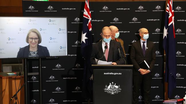 Treasurer Josh Frydenberg, Lieutenant-General John Frewen, Chief Medical Officer Professor Paul Kelly and Professor Jodie McVernon during a press conference at Parliament House in Canberra today. Picture: NCA NewsWire / Gary Ramage