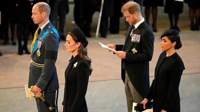 Catherine, Duchess of Kent, and Meghan, Duchess of Sussex, pictured alongside Prince William, Prince of Wales and Prince Harry, Duke of Sussex after participating in the procession of the coffin of Queen Elizabeth II, to Westminster Hall, at the Palace of Westminster. Picture: AFP