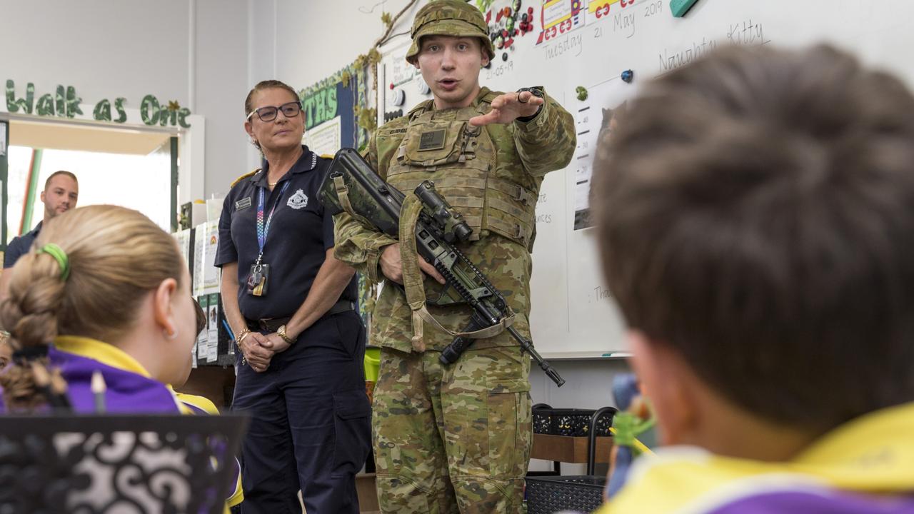 Australian Army officer Captain Cameron Gibbons visits Richmond Hill State School in Charters Towers, Queensland.