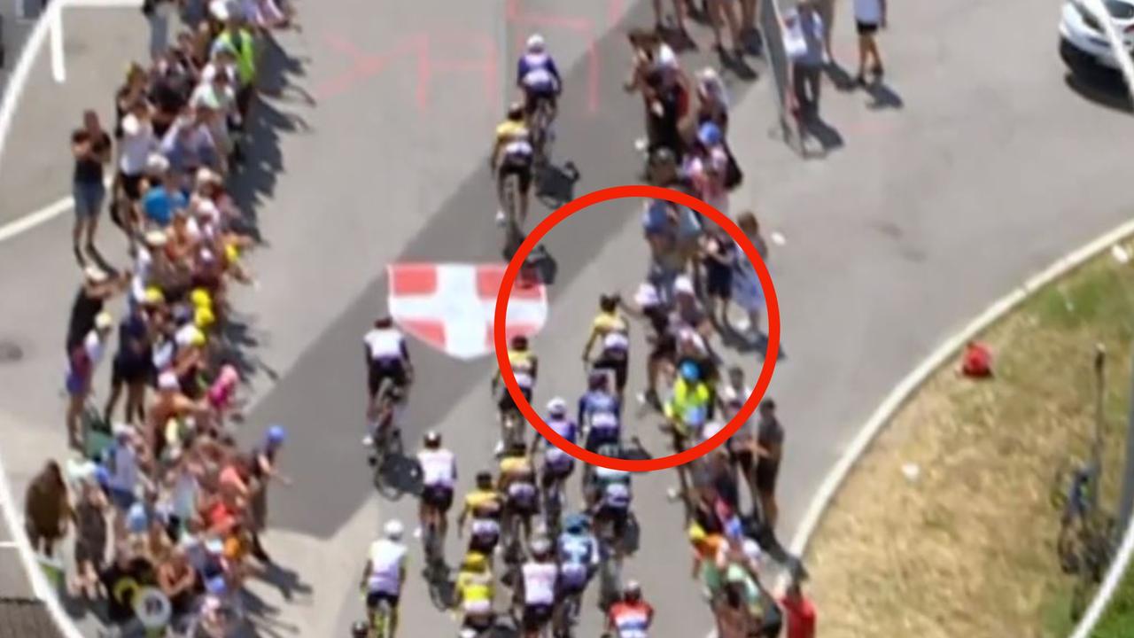 A fan taking a selfie caused a major crash in the Tour de France. Picture: Eurosport