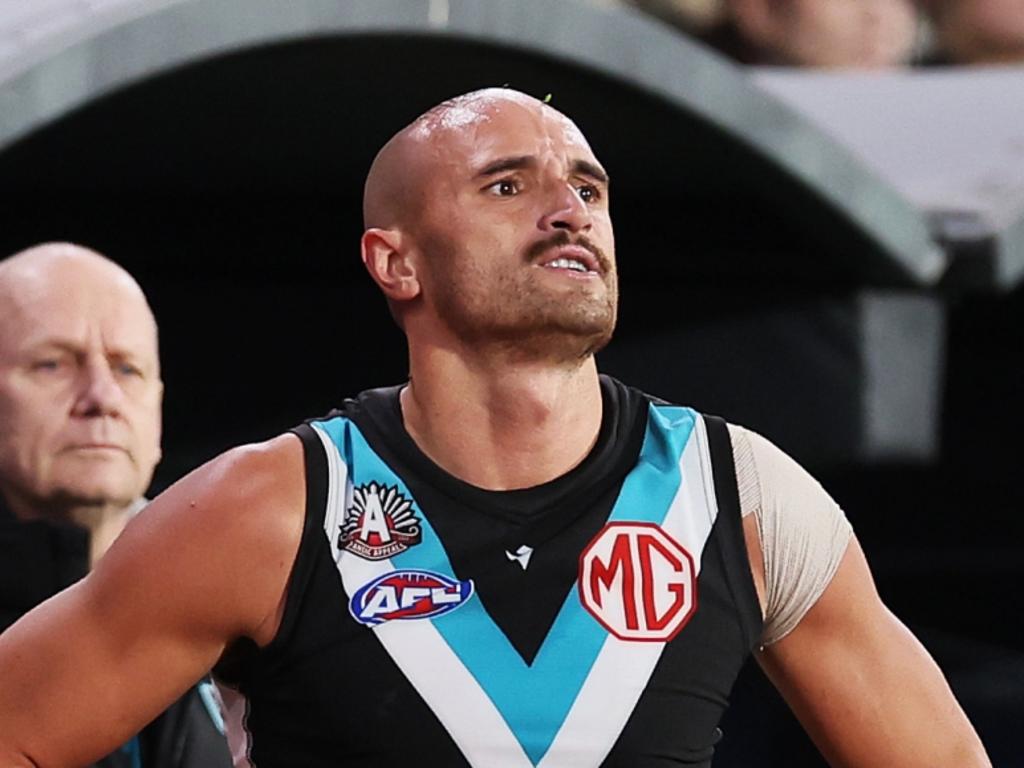 ADELAIDE, AUSTRALIA – APRIL 26: Sam Powell-Pepper of the Power is injures his knee during the 2024 AFL Round 07 match between the Port Adelaide Power and the St Kilda Saints at Adelaide Oval on April 26, 2024 in Adelaide, Australia. (Photo by James Elsby/AFL Photos via Getty Images)