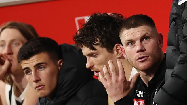 MELBOURNE, AUSTRALIA - August 5, 2023. AFL. Injured Pies Taylor Adams, Brody Mihocek, Nick Daicos, Nathan Murphy and Tom Mitchell back row on the bench last qtr during the round 21 match between the Hawthorn and Collingwood at Marvel Stadium in Melbourne. Photo by Michael Klein.