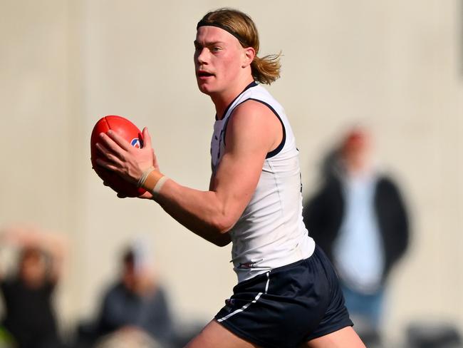 MELBOURNE, AUSTRALIA - JULY 16: Harley Reid of Vic Country runs with the ball during the 2023 U18 Boys Championships match between Vic Country and Vic Metro at Ikon Park on June 16, 2023 in Melbourne, Australia. (Photo by Morgan Hancock/AFL Photos via Getty Images)