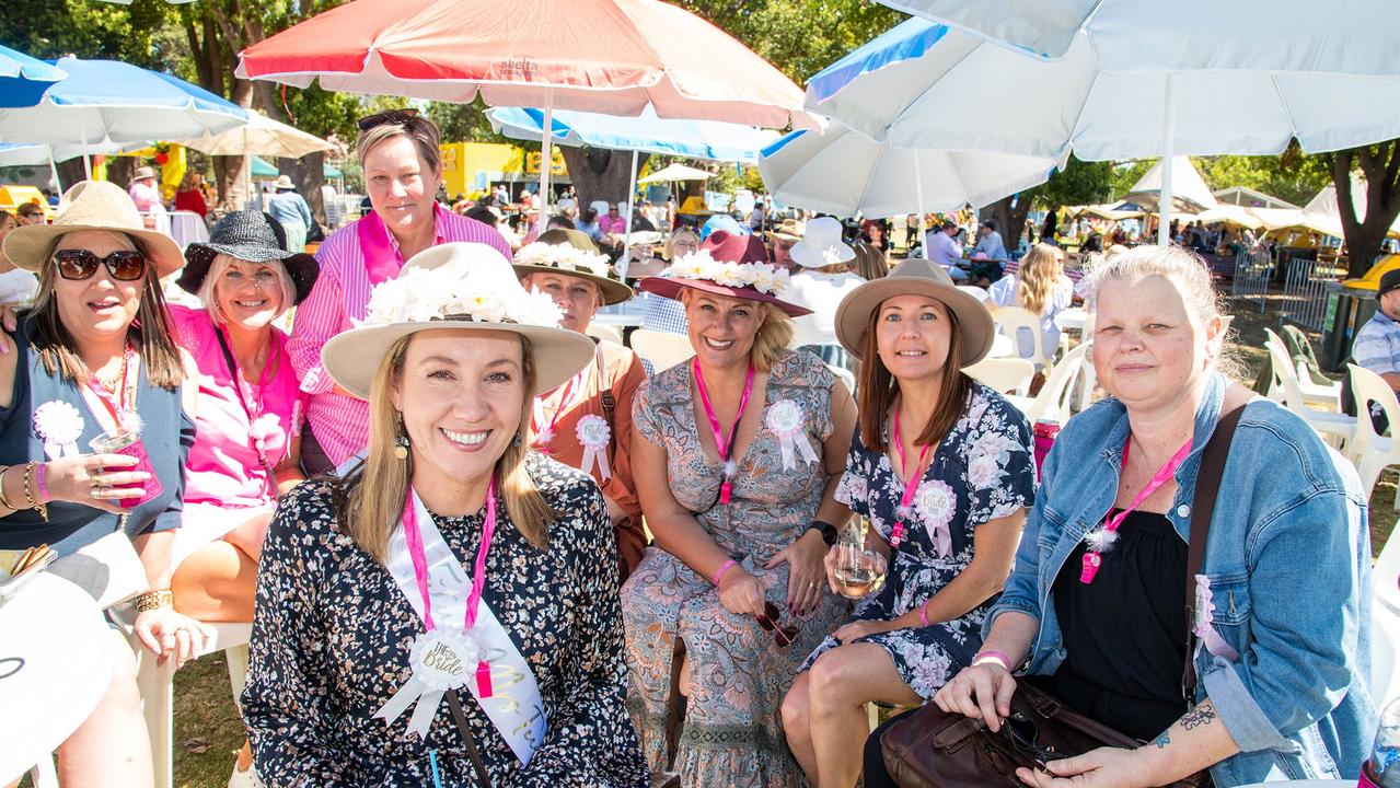 Bride-to-be, Trina Koch (front) surrounded by friends for her hen's party (back row, from left) Danielle Bell, Karen Wellen, Kim Casey, Lyndall Wehrman, Debbie Carr, Melissa Ryan and Renee Jorgensen. Picture: Bev Lacey