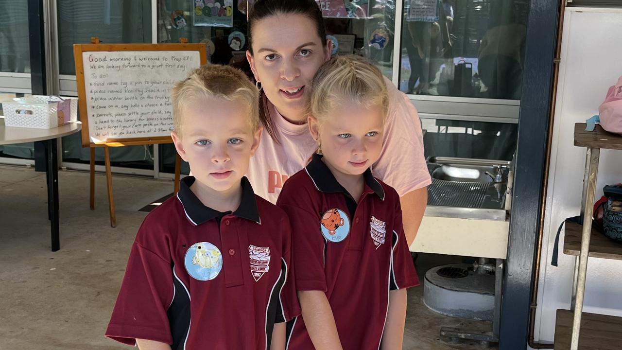 Twins, Kai and Evie Carty, with mum Carla. Taabinga State School on January 28, 2025.