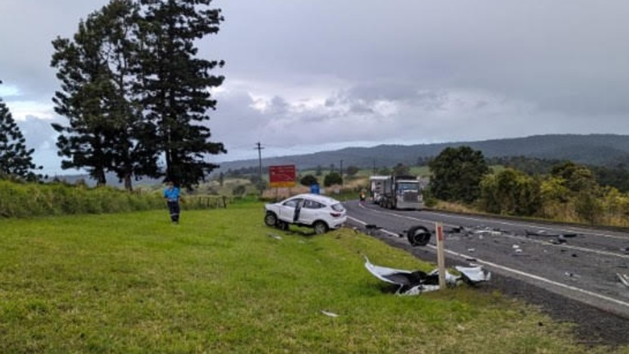 The stolen MG hatchback on the Palmerston Highway after smashing into a B-double. Picture: Taylor Skinner