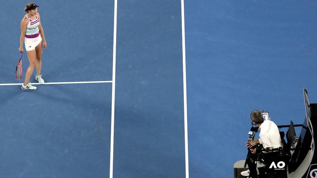 United States' Danielle Collins gestures as she questions a call from chair umpire Carlos Ramos