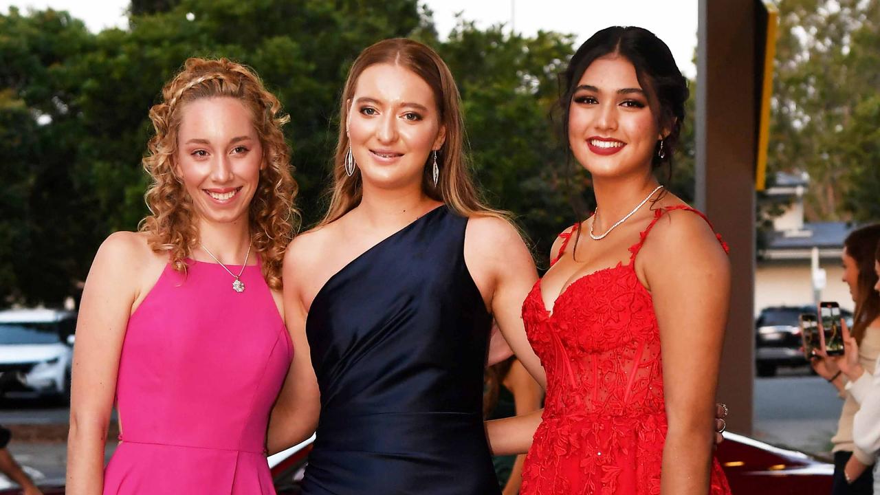 Erin King, Olivia Wright and Chloe Taing at year 12 formal, Nambour Christian College. Picture: Patrick Woods.