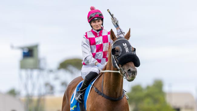 Taylor Johnstone after winning aboard Arugamama at Morphettville in December. Picture: Makoto Kaneko