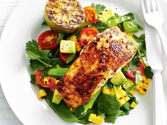 Piri piri fish with charred corn salad.