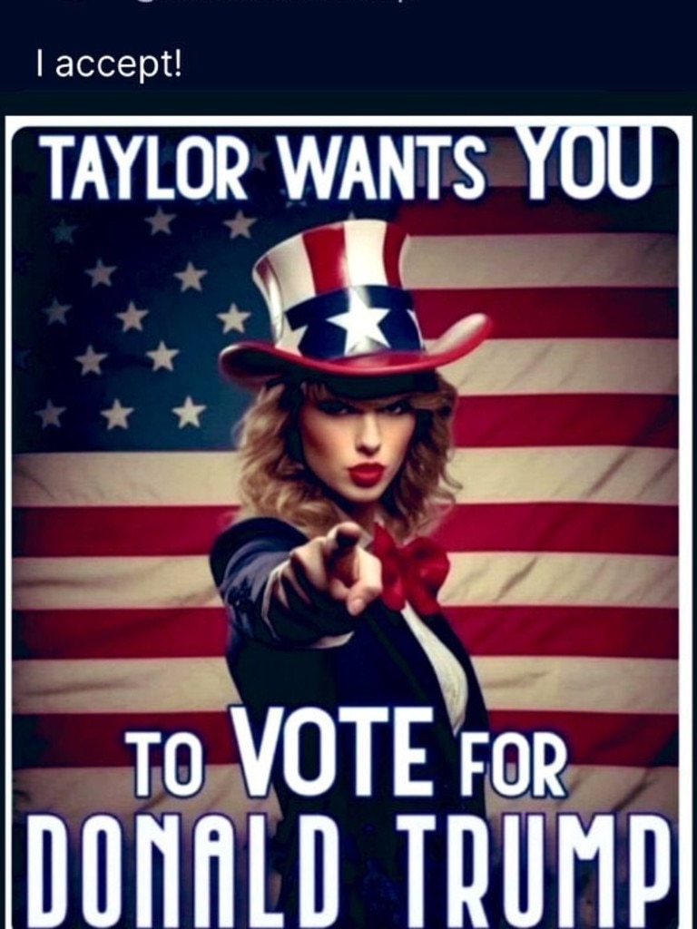 Former president and Republican candidate for this year’s US election, Donald Trump shared AI-generated images to social media falsely suggesting support from Taylor Swift. Picture: @realDonaldTrump